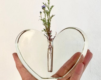 Block Glass Heart Bud Vase, Solifleur Flower Vases,  Vintage Cozy Room, Decorative Accessories, Mid Century Modern, 1960s Tabletop Art, Gift