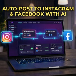 Könnte beinhalten: Ein Laptop zeigt eine Softwareoberfläche mit dem Text "AUTO-POST TO INSTAGRAM & FACEBOOK WITH AI." Der Bildschirm zeigt Instagram- und Facebook-Symbole, die durch ein Workflow-Diagramm verbunden sind. Eine kleine Topfpflanze und eine Computermaus befinden sich auf dem Schreibtisch.