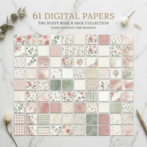 Puede incluir: Una colección de 61 papeles digitales dispuestos en una cuadrícula. Los diseños incluyen flores, elementos botánicos y patrones geométricos en tonos rosa, verde y beige. El texto superior dice "61 PAPELES DIGITALES".