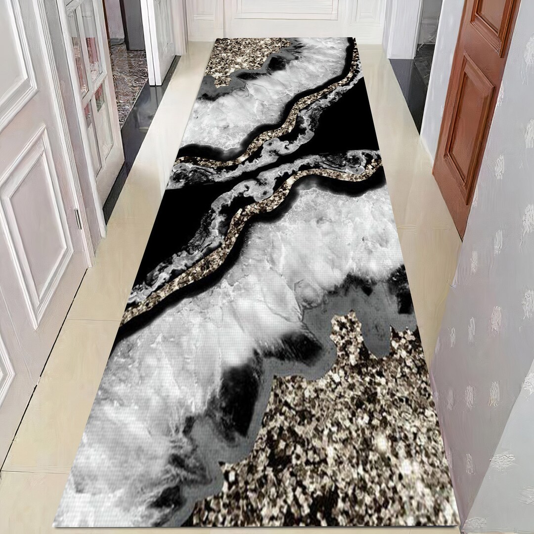 Black Grey Marble ,golden Marble,runner,marble Rug, Long Rug,marble