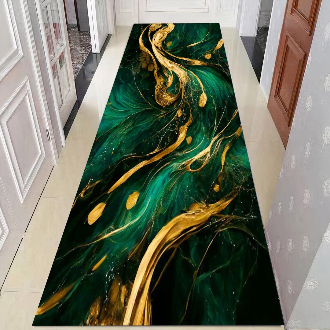 Green Black Marble , Gold Marble,runner,marble Rug, Long Rug,marble