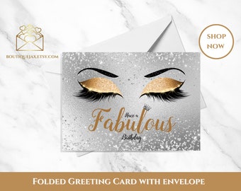 Printed Gold Glitter Eyes Greeting Card Have A Fabulous Birthday Card Gold and Silver Folded Card with White Envelope