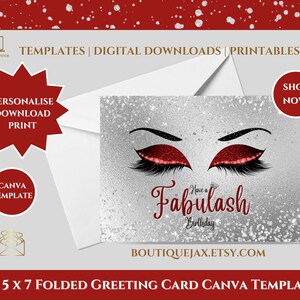 Modello di canva Fabulash con occhi e ciglia piuttosto rossi glitterati, modificabile e stampabile, design per biglietto di auguri piegato 5 x 7
