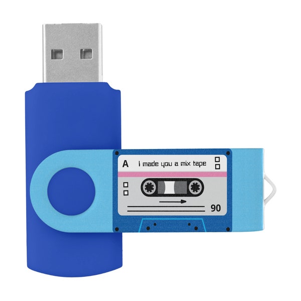 Old Skool Dark Blue Cassette Mix Tape USB Flash Drive Photos Music Text Transfer