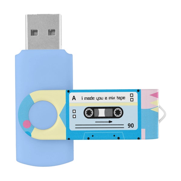 Old Skool Blue Cassette Mix Tape USB Flash Drive Photos Music Text Transfer