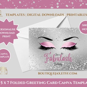 Modello di canva Fabulash con occhi e ciglia piuttosto rosa glitterati, modificabile e stampabile, design per biglietto di auguri piegato 5 x 7