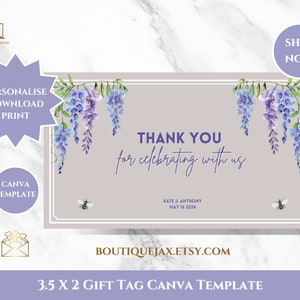 Plantilla Canva de etiqueta de regalo de glicina púrpura inspirada en Bridgerton, diseño de tarjeta de lugar plano de 3,5 x 2 editable imprimible