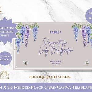 Plantilla Canva de tarjeta de lugar de glicina púrpura inspirada en Bridgerton, diseño de tarjeta de lugar plano de 4 X 3,5 editable imprimible