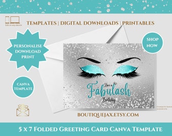 Pretty Turquoise Glitter Eyes and Lashes Fabulash Canva Template Editable Printable 5 x 7 Folded Greeting Card Design