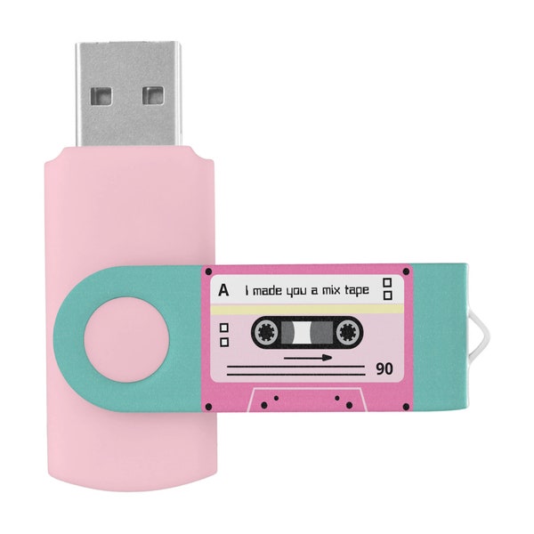 Old Skool Pink Cassette Mix Tape USB Flash Drive Photos Music Text Transfer