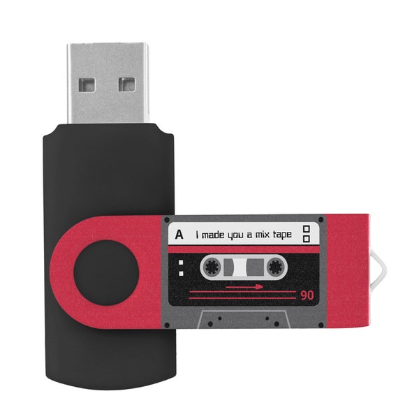 Old Skool Red and Black Cassette Mix Tape USB Flash Drive Photos Music Text Transfer