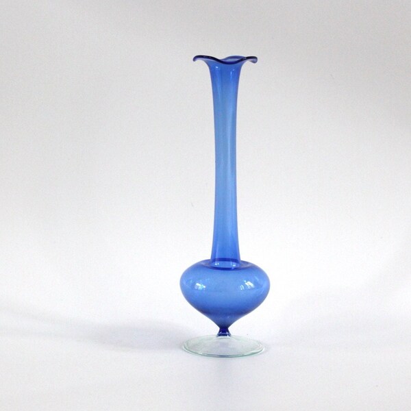 Lauscha glass vase mouth-blown in light blue wavy edge very thin glass