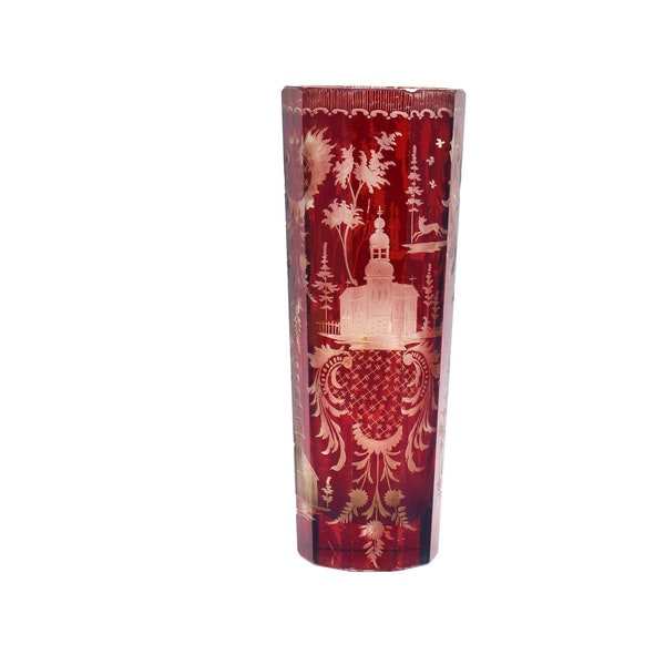 Biedermeier vase Friedrich Engermann with fox and deer red Bohemia