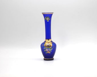 Vintage Bohemian Boho Vase - Enameled Blue Glassware Embossed Flower - Hand Painted - Gold Set - Colorful Crystal Vase