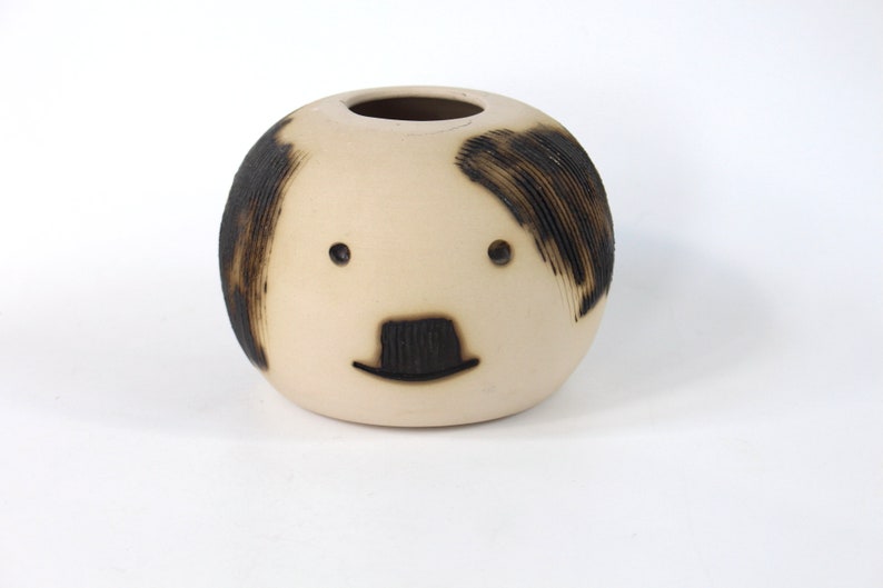 Vase studio ceramic head almost spherical round ceramic beige brown marked BJ image 2