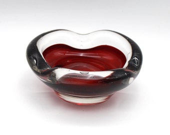 Schaal helder en rood jaren 70 transparant glas art