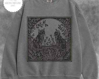 Sudadera con corona de gatos vintage de Comfort Colors, suéter de gato estilo cottagecore, cuello redondo con ilustración botánica popular, arte felino antiguo