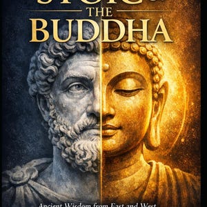 May include: Book cover with the title "The Stoic & The Buddha" in gold lettering. The image is split vertically, showing a gray bust of a Stoic philosopher on the left and a golden Buddha on the right. Text at the bottom reads "Ancient Wisdom..."