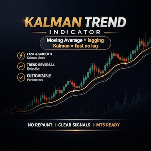 Puede incluir: Un gráfico digital que promociona el "INDICADOR DE TENDENCIA KALMAN". Presenta un gráfico con barras verdes y rojas, una línea amarilla y texto que destaca características como "Líneas Kalman RÁPIDAS Y SUAVES" y "Detección de INVERSIÓN DE TENDENCIA".