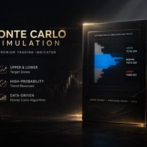 Puede incluir: Una caja negra con texto dorado que dice "Simulación de Monte Carlo" e "Indicador de trading premium". La caja muestra un gráfico azul y blanco con puntos de datos. El texto incluye "Zonas objetivo superior e inferior" y "Inversiones de tendencia de alta probabilidad".