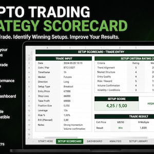 May include: A digital crypto trading strategy scorecard displayed on a laptop screen. The interface includes sections for trade input, setup criteria ratings, and trade results. Text includes CRYPTO TRADING STRATEGY SCORECARD and EXCEL & GOOGLE SHEETS COMPATIBLE.
