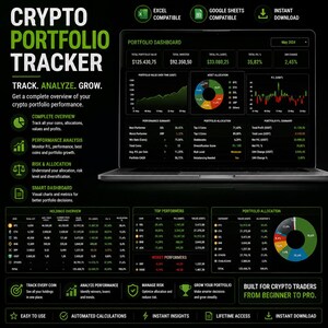 May include: A digital crypto portfolio tracker dashboard displayed on a laptop screen, featuring charts, tables, and financial metrics. The interface includes sections for holdings, top performers, and asset allocation with green and black color schemes.