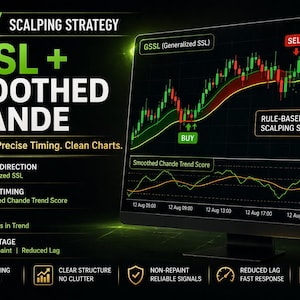 May include: A computer monitor displays a trading strategy interface with the text "MT4 SCALPING STRATEGY" and "GSSL + SMOOTHED CHANDE." The screen shows a chart with green and red candlesticks, buy and sell indicators, and trend lines.