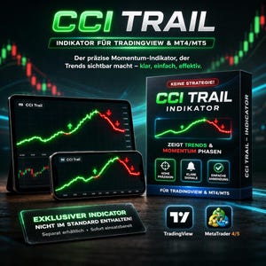 Peut inclure: Image promotionnelle pour "CCI Trail", un indicateur de trading. L'image présente une tablette et un smartphone affichant des courbes de tendance vertes et rouges, une boîte produit et le texte "CCI TRAIL". L'indicateur est pour TradingView et MT4/MT5.