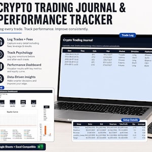 May include: A digital crypto trading journal and performance tracker displayed on a laptop screen, featuring a trade log, a performance dashboard with an equity curve, and setup details. The software is compatible with Google Sheets and Excel.