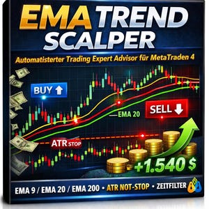 May include: A digital graphic with the text "EMA TREND SCALPER" in gold and white. The image includes a stock chart with buy and sell indicators, currency symbols, and the text "Automatisterter Trading Expert Advisor für MetaTraden 4".