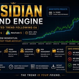 Peut inclure: Graphique bleu foncé avec texte doré « OBSIDIAN TREND ENGINE ». L'image comprend un graphique linéaire montrant la performance des tendances, des icônes pour MetaTrader 4 et 5 et le texte « AUTOMATED TREND FOLLOWING EA ».