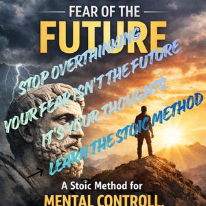 Może przedstawiać: Okładka książki z tytułem "STOP FEAR OF THE FUTURE" dużymi białymi i żółtymi literami. Dodatkowy tekst zawiera "Stop Overthinking", "Your Fear Isn't The Future" i "Learn The Stoic Method". Przedstawiono również posąg i osobę na górze.