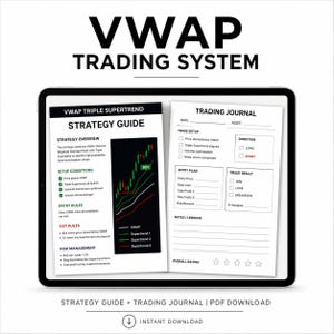 May include: A digital tablet displays a trading system guide and journal. The screen shows "VWAP TRADING SYSTEM" at the top, with strategy details, setup conditions, entry and exit rules, and a trading journal. The image includes the text "Strategy Guide + Trading Journal | PDF Download".