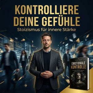 May include: Image features a man in a suit with eyes closed, hands clasped, and text in gold: "KONTROLLIERE DEINE GEFÜHLE" and "Stoizismus für innere Stärke." A book titled "EMOTIONALE KONTROLLE" is visible. The background shows blurred figures in a city setting.