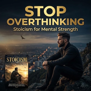 May include: Image features the text "STOP OVERTHINKING" in gold lettering above "Stoicism for Mental Strength." A book titled "Stoicism and Mental Strength" is visible. A man sits on a rock, looking out at a city.