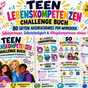 Könnte beinhalten: Ein digitales PDF-Arbeitsbuch mit dem Titel TEEN LEBENSKOMPETENZEN CHALLENGE BUCH mit bunten Grafiken von vier Jugendlichen. Das Arbeitsbuch enthält Seiten zu Zeitmanagement, Finanzgrundlagen, Kommunikation und Zielsetzung für die Entwicklung.