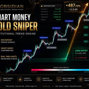 May include: A digital graphic with the text "SMART MONEY GOLD SNIPER" and a stock chart. The chart shows an upward trend with labels like "Long Entry" and "TP3." Additional text includes "Institutional Trading System" and "Real Time Alerts."