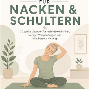 Op de afbeelding: Een boekomslag getiteld YOGA FÜR NACKEN & SCHULTERN met een illustratie van een persoon in een zittende yogahouding die de nek rekt. De omslag bevat tekst over 30 zachte oefeningen voor flexibiliteit, verlichting van spanning en houding.