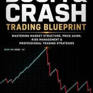Może przedstawiać: Czarny plakat edukacyjny zatytułowany Synthetic Trading Blueprint Series: Boom & Crash Trading Blueprint. Zawiera wykres giełdowy pokazujący gwałtowny trend wzrostowy, a następnie spadek, oznaczony jako Boom 500 Index M1, z tekstem dotyczącym strategii, zarządzania ryzykiem i edycji 2026.