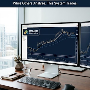 May include: A computer monitor displaying a financial trading chart with VWAP, EMA, and ATR indicators. The screen shows MT4/MT5 Compatible text. The header reads VWAP + EMA + ATR Auto Trading System. While Others Analyze. This System Trades.