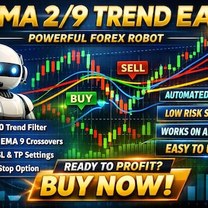 May include: A digital graphic promoting "EMA 2/9 TREND EA," a Forex robot. The image features a robot with headphones, a stock chart, and text including "BUY NOW!" and "AUTOMATED TRADING."
