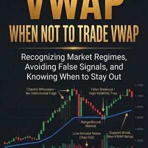 Könnte beinhalten: Eine finanzielle Lehrgrafik mit dem Titel VWAP WHEN NOT TO TRADE VWAP. Sie zeigt ein Kerzendiagramm mit einer blauen Trendlinie, das mit Textbeschriftungen wie Chaotic Whipsaws, False Breakout, Range-Bound Market und Low-Volume Noise versehen ist.