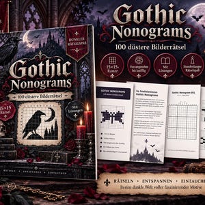 Peut inclure: Un livre intitulé Gothic Nonograms 100 düstere Bilderrätsel avec une couverture sombre illustrée d'un corbeau, d'un crâne et de bougies. Il contient 100 puzzles logiques sur grille 15x15, des solutions et des pages intérieures avec des exemples.