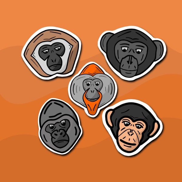 Ape Stickers Pack, Gorilla, Orang-oetan, Gibbon, Chimpansee, Bonobo, Monkey sticker, Leuke stickers, Harige sticker, Vinyl stickers, Laptop sticker,