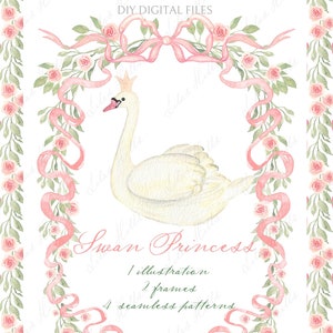 Fête prénatale Princesse cygne Noeud rose et petites fleurs Grand millénaire rose doux DIY numérique Cadres Clipart aquarelle