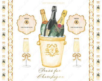 Press For Champagne bottle DIY Digital paper Frames Bar Watercolor Clipart New Year