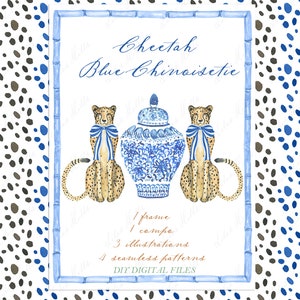 Cheetah Blue chinoiseie bamboe. DIY digitale papieren fotolijsten aquarel clipart