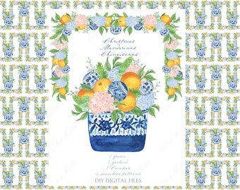 Christmas Chinoiserie Clipart: Gingham Bow, Frames, Wreath (Digital Download)