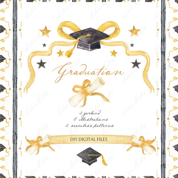 Graduation Hat Party DIY Digital Clipart. Banner Bow Digital paper Frames Card Templates