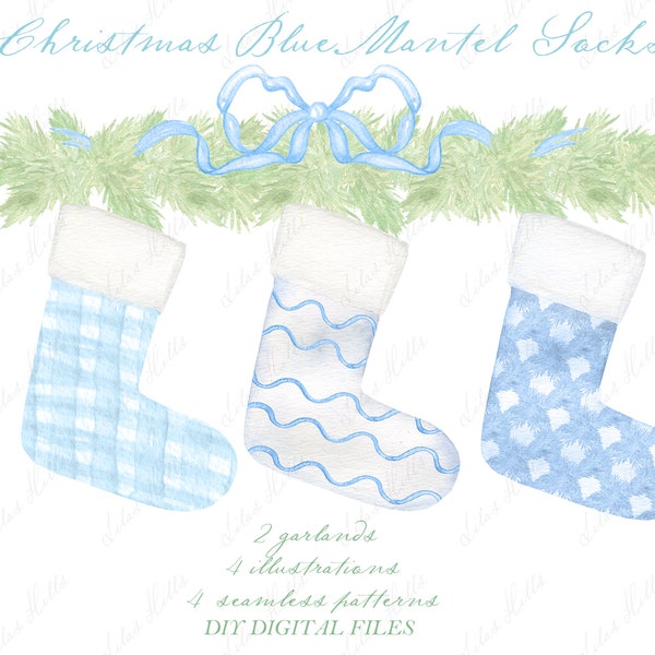 Christmas stocking Blue Watercolor Greenery  Powder Blue Bow DIY Digital Clipart. Digital Garlands